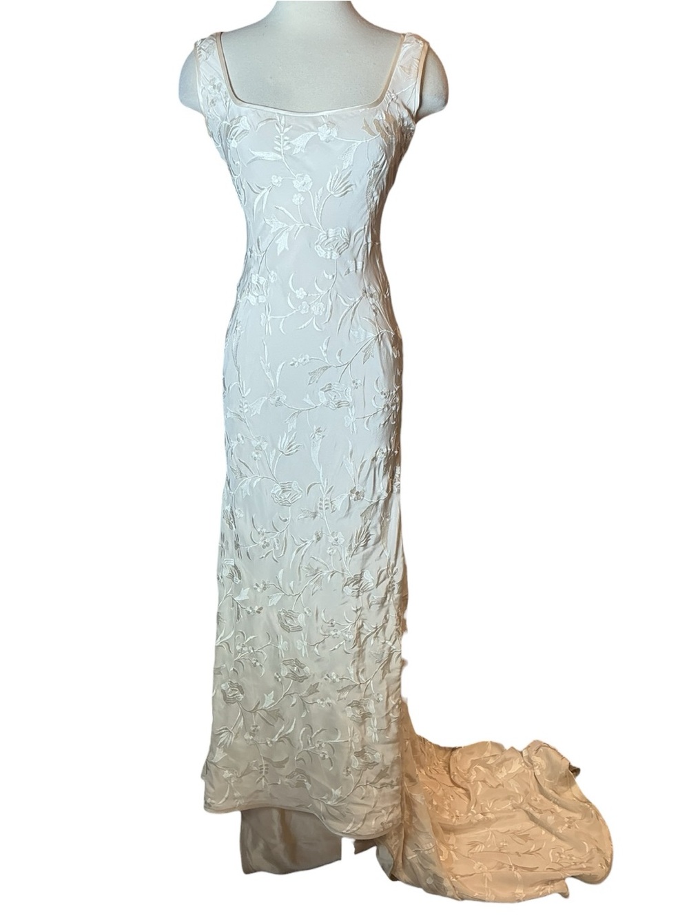 Y2K Ulla Maija Silk Embroidered Bias Cut Full Length Maxi Dress w/ Train - Small